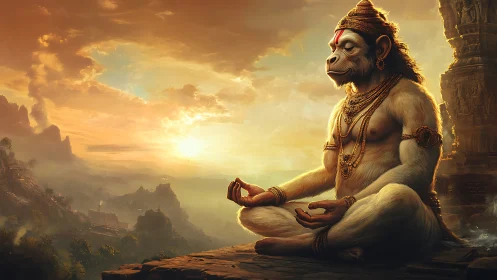Mythic monkey figure in meditative pose at sunset plateau.