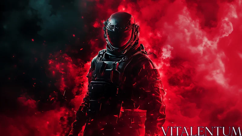 Midnight space warrior emerges from swirling red nebula