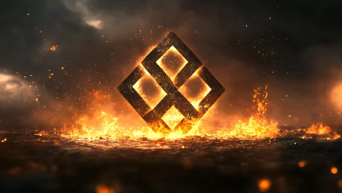 Glowing geometric emblem rising from swirling fire and ash.