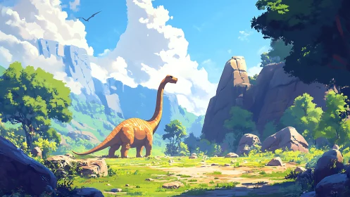 Sauropod dinosaur roams bright prehistoric valley landscape.