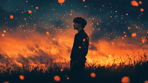 Silhouette of lone figure in glowing dusk field scene.