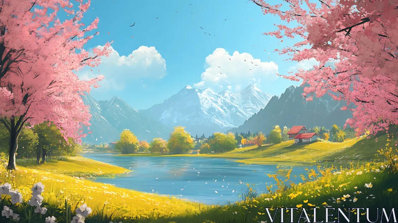 Lake, cherry blossoms, and snow mountains under clear sky