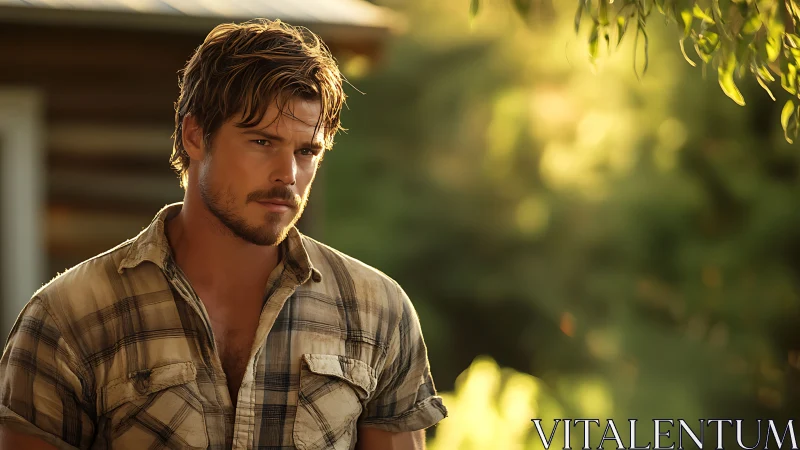 Rugged farm worker stands in warm golden evening light.