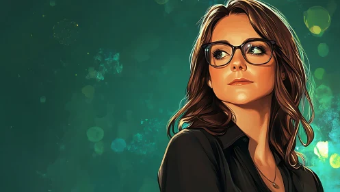 Calm woman with glasses against teal abstract background.