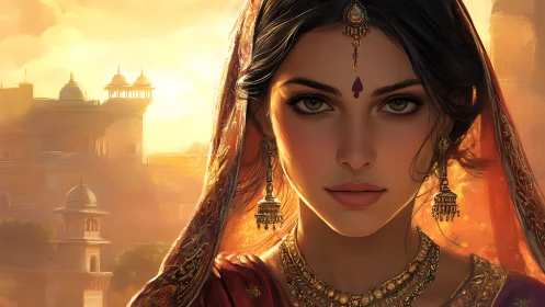 Regal Indian Woman in Traditional Attire, Warm Digital Painting.