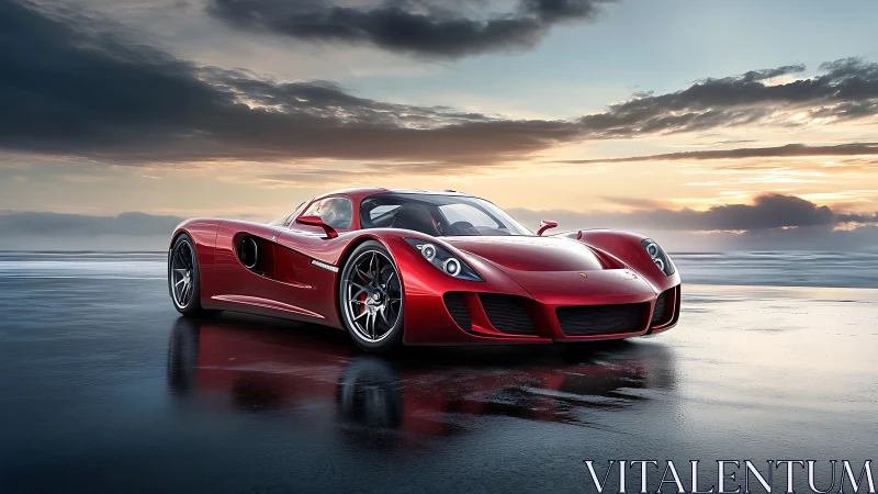 Aerodynamic crimson hypercar on reflective coastal wetland.