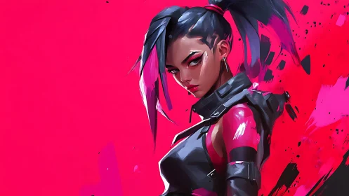 Neon rogue heroine slicing through hot pink lightning storm.