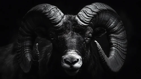 Powerful ram portrait glows softly against deep shadowed black