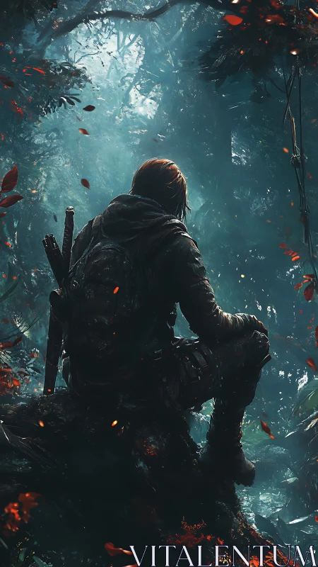 Lone tactical scout resting on mossy outcrop in dense jungle