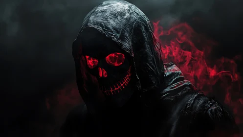 Hooded skeletal figure with red glowing eyes and smoke.