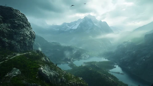 Mist-laced alpine valley with lake and distant fortress view.