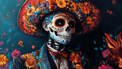 Calavera portrait with marigold sombrero and floral embroidery