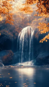 Golden forest waterfall cascades into tranquil blue pool