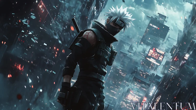 Masked cybernetic operative in neon-saturated storm cityscape.