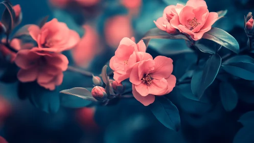 Macro study of coral camellia blossoms in cyan-toned foliage