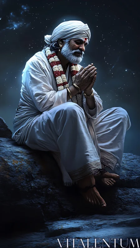 Elderly man in white garments seated on rocky surface at night.