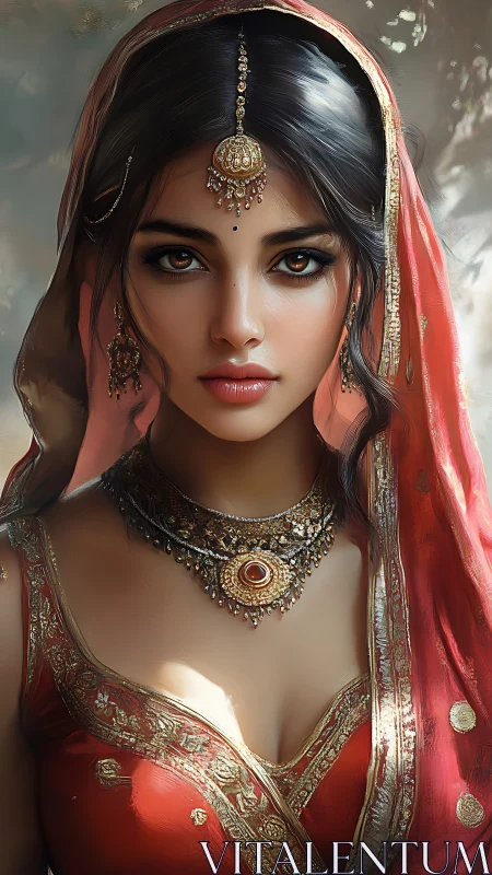 Regal portrait of ornate bride in luminous red sari.