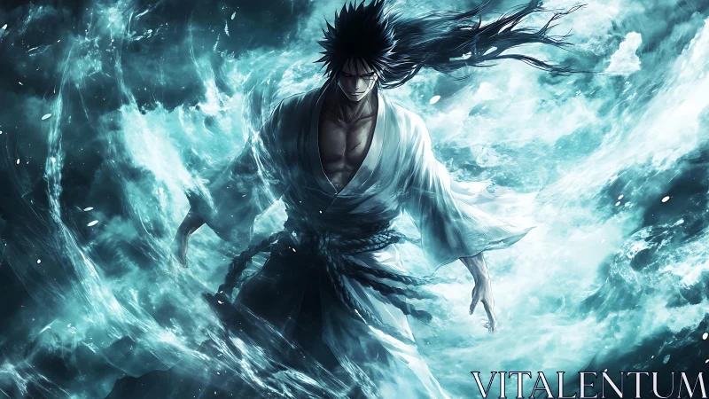 Storm-lit anime swordsman emerging through turbulent cyan waves