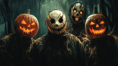 Four luminous pumpkin-headed figures dominate a haunted forest