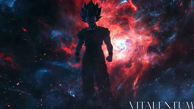 Cosmic warrior stands carved in shadow before blazing nebula