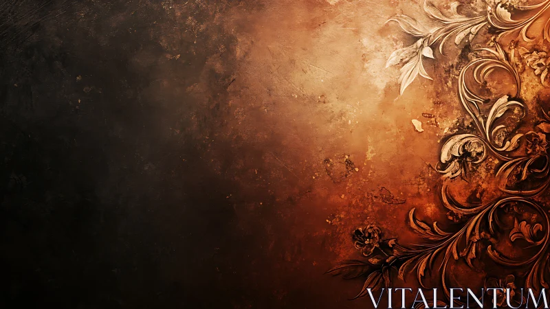 Ornate copper floral scrolls glow against weathered texture