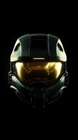 Futuristic combat helmet with glowing amber visor closeup.