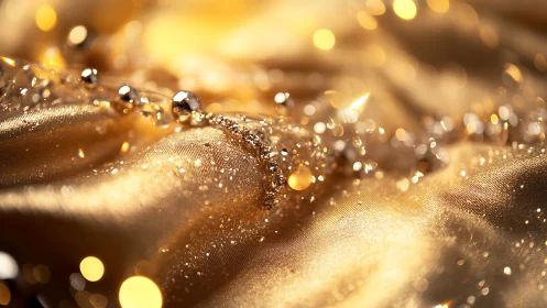 Macro study of gold satin folds with specular glitter highlights