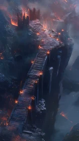 Burning Bridge Across Fiery Chasm at Dusk.