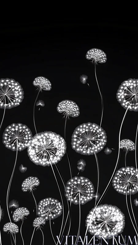 Dandelion Seed Heads Against Black Background.