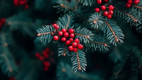 Macro study of evergreen conifer needles with clustered red berries