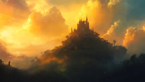 Sunlit gothic citadel crowning misty forested hill at dawn
