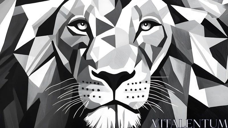 Geometric black and white lion portrait in sharp angles.