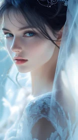Bridal portrait in soft blue light with lace veil focus.