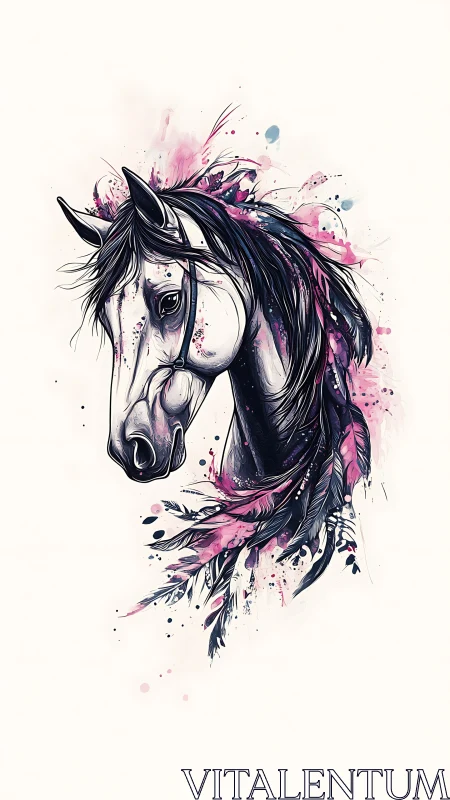 Expressive horse portrait with pink feathered splashes.