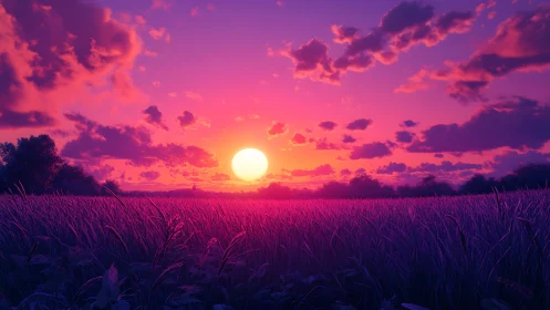 Vibrant purple field under bold orange sunset sky.