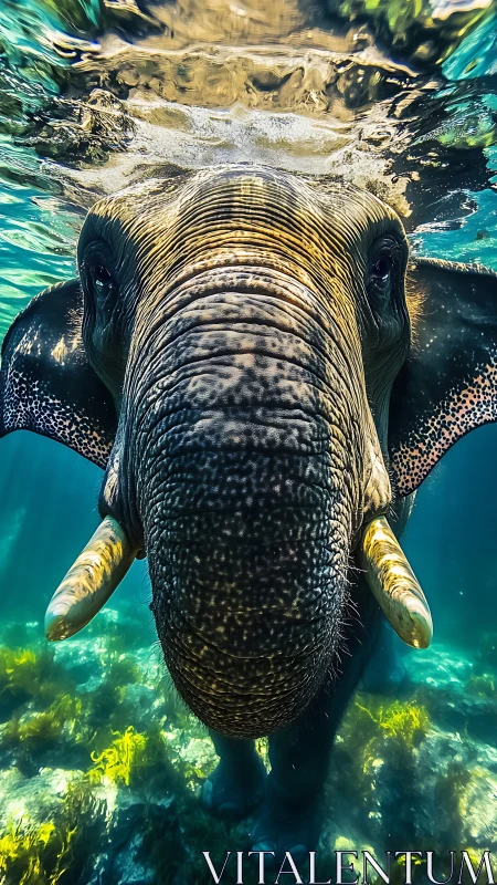 Elephant swimming underwater with clear frontal view.