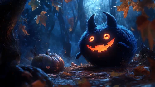 Blue furry pumpkin monster glows in enchanted forest night.