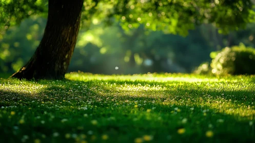 Photorealistic sunlit meadow under broad deciduous canopy.