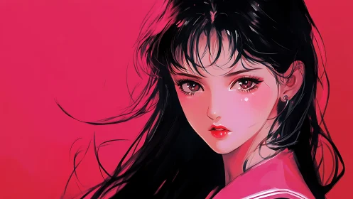 Digital portrait of dark haired girl on solid pink background.