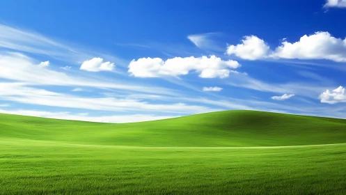 Rolling green hillside under vivid blue sky with clouds.