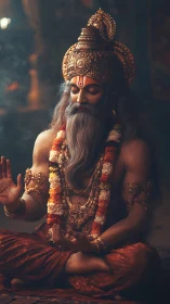 Golden sage in marigold garlands holding silence steady.