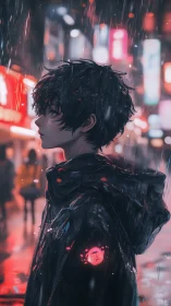 Profile view of hooded figure in rainy neon city street