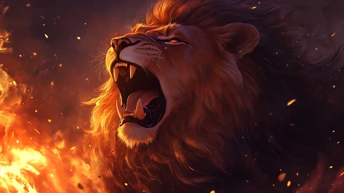 Roaring lion emerges in blazing embers and swirling flames