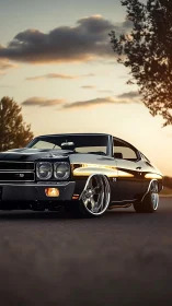 Restomod black Chevy Chevelle SS at sunset, low-angle view