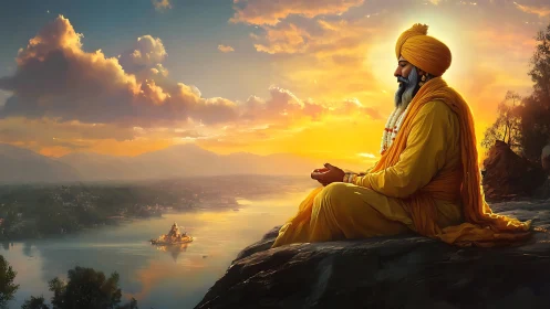 Meditative Sikh elder over lakeside temple at radiant sunset