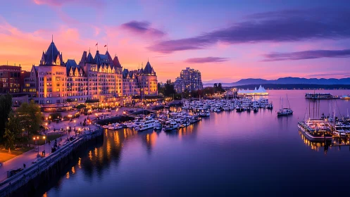 Harborfront hotel glows over calm marina at violet sunset