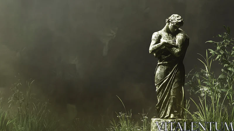 Weathered marble statue stands in misted overgrown garden
