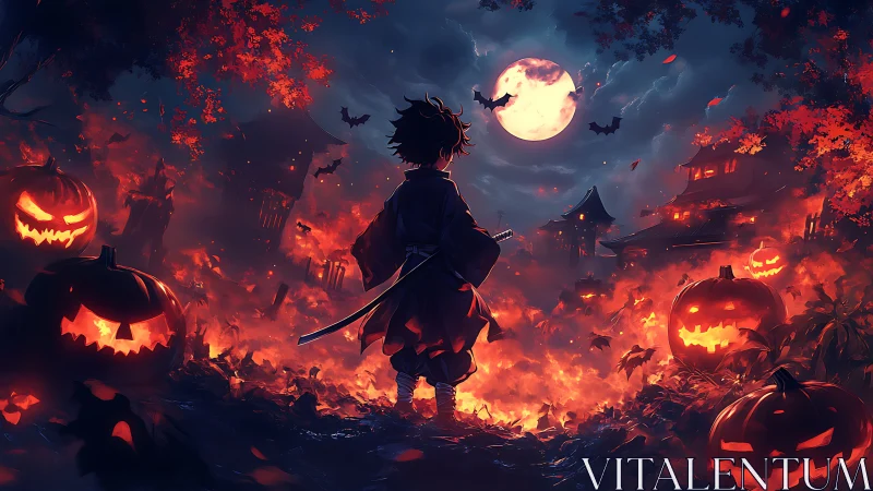 Samurai child faces flaming Halloween night scene.