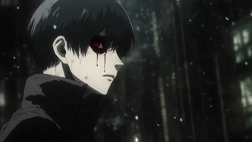 Haunted young loner walks through a quiet, snowlit night street