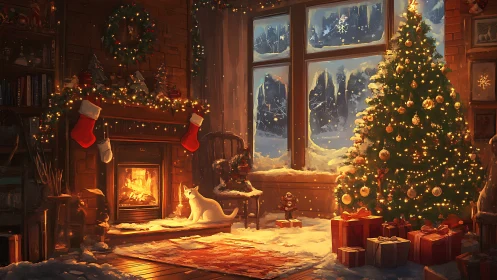 Cozy winter living room with Christmas tree and fireplace.